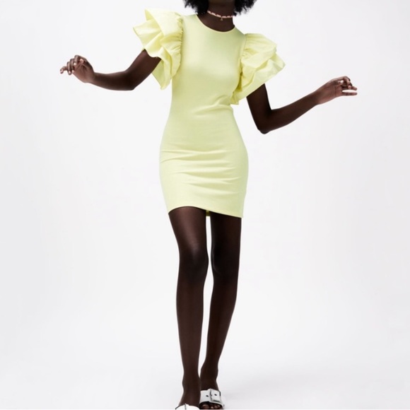 Zara Puff Voluminous Ruffle Poplin Sleeve Bodycon Mini Dress Pastel Yellow Sz M - Picture 3 of 16